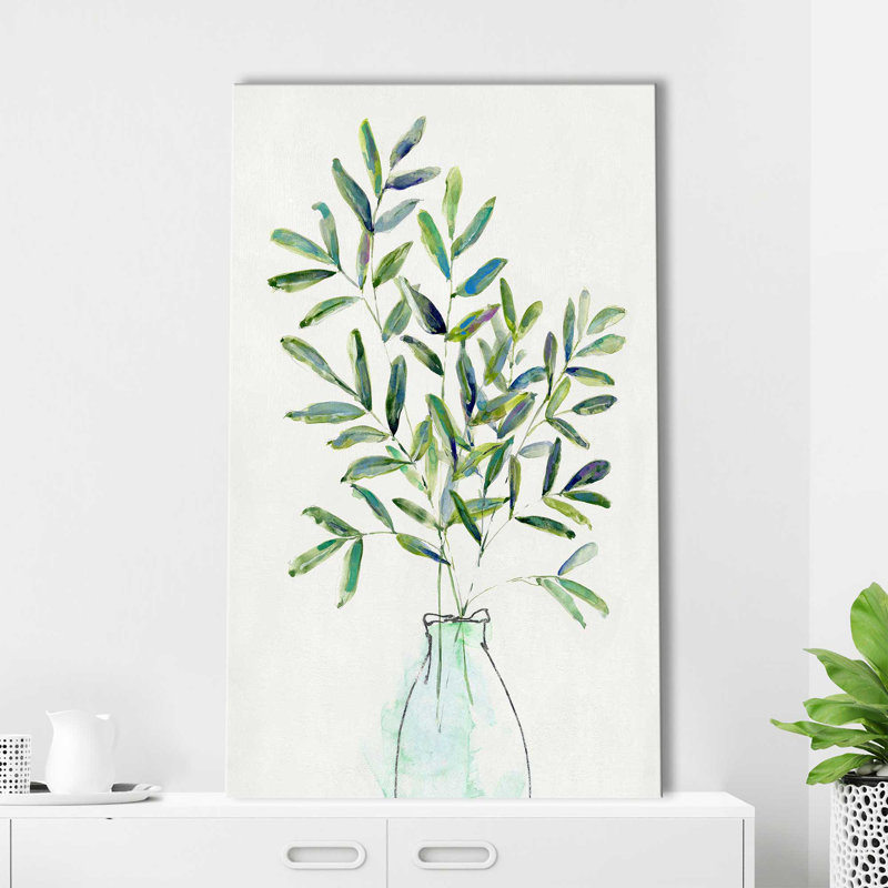 «Spring Greenery Arrangement I» par Sally Swatland - Peinture, L 18 po x H 30 po, Toile tendue