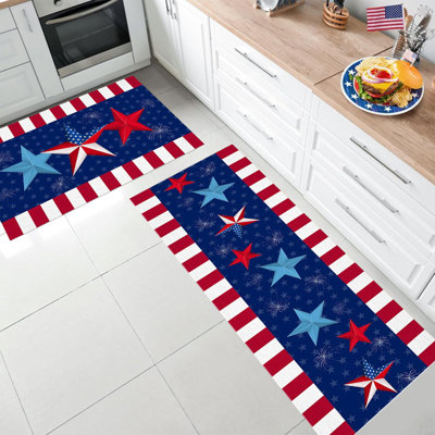  Two Piece Independence Day Kitchen Rug Set with Non Slip Patriotic Doormats In Red White and Blue Flag Pattern for Sink and Stove Areas