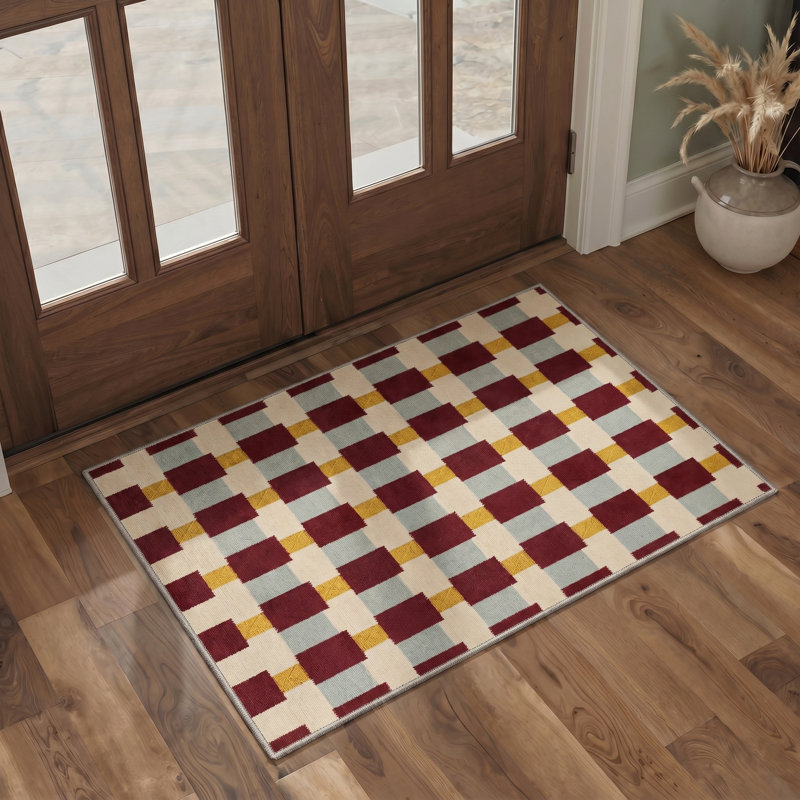 Basketweave Modern Machine Washable Beige / Yellow / Red Indoor Area Rug with Non-Slip Backing, Round 5'