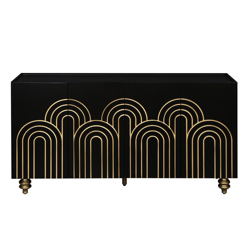 Buffet moderne cannelé moderne - noir avec 4 portes et tablettes de rangement réglables, buffet à 4 portes pour la maison