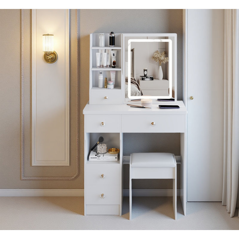 29.2" Small Size Left Drawer Desktop Vanity Table + Cushioned Stool, 2 Ac+2 Usb Power Station, Hair Dryer Bracket, Extra Large Touch Control Sliding Led Mirror, Tri-Color Switching, Brightness Adjust