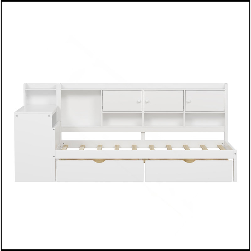 Wooden L-Shape Daybed With Seven Storage Cabinets And Two Storage Drawers, Multi-Functional Bed With Study Desk And Built-In Bookshelf