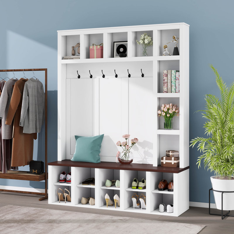 4-In-1 Hall Tree With 6 Hooks, Walnut Entryway Bench With Adjustable Shelves, Rustic Shoe Organizer With Open Compartments