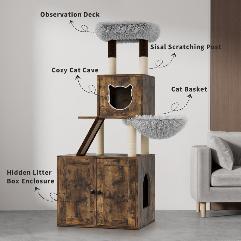 2 in-1 Tall Cat Tree with Litter Box Enclosure with Condo/Hammock/Scratching Post/Plush Perch