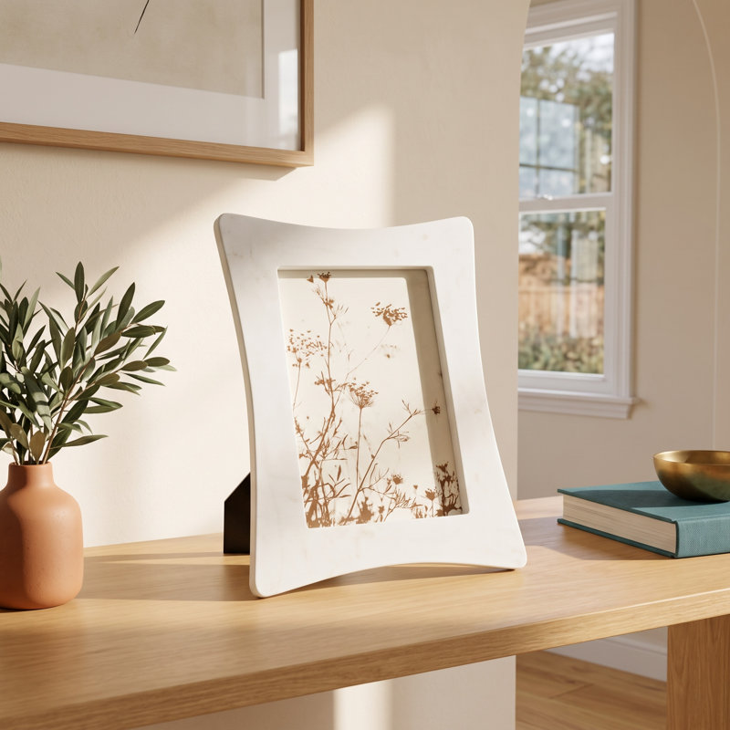 Decorative Rectangle Marble Photo Frame with Curved Edges -  Elegant Picture Frame for Entryway Table or Living Room Decor - White 