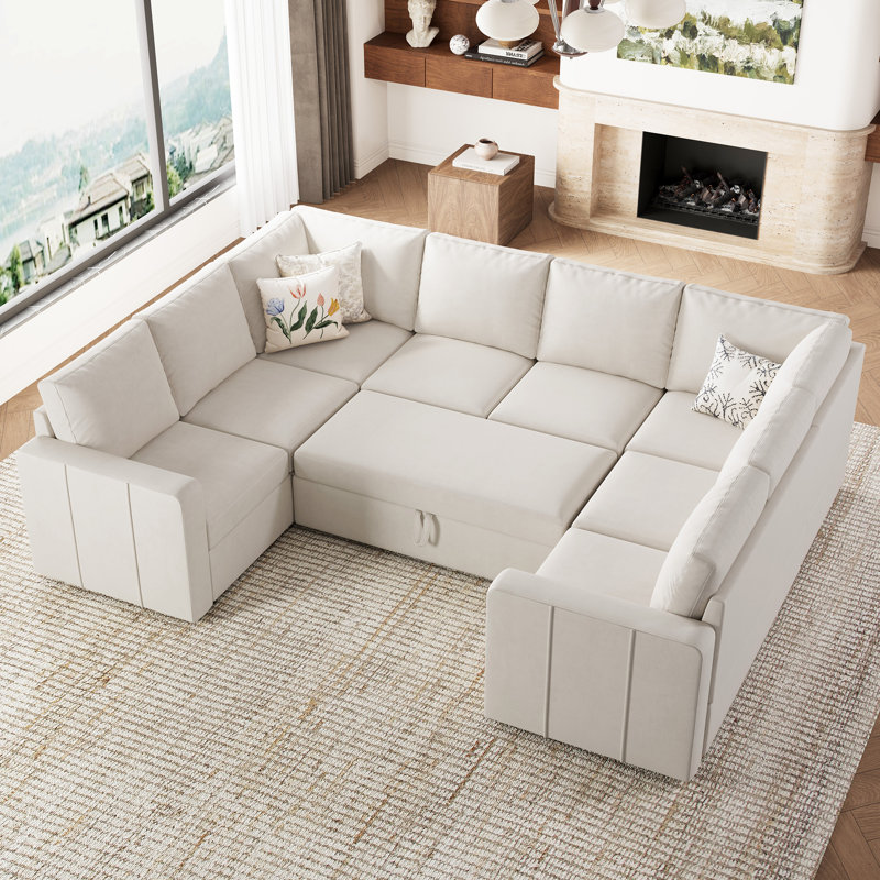 Canapé modulaire en chenille Seybert, Velours beige