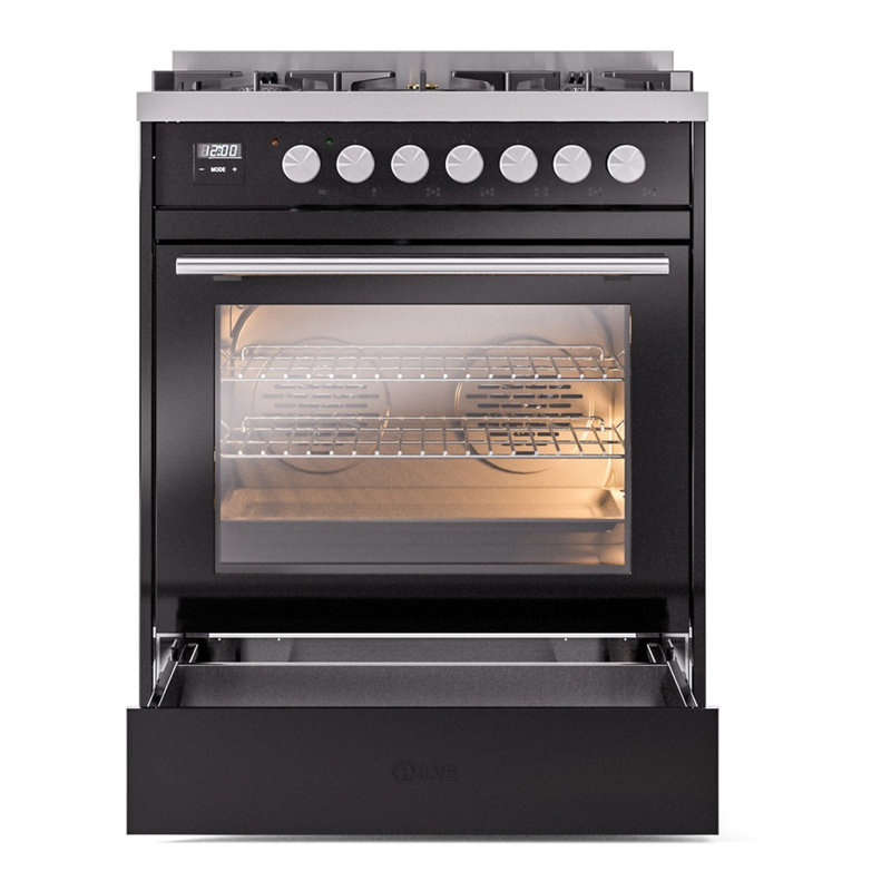 ILVE Professional Plus II 30 in Dual Fuel Range, Liquid Propane, Glossy Black/Stainless Steel