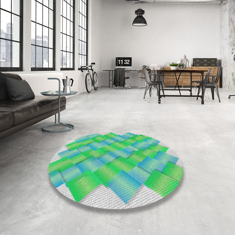 Tapis vert/bleu de mer à motifs, Rond 8 pi