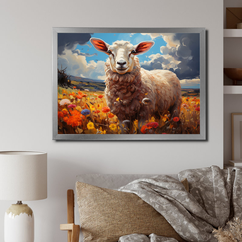 Sheep Vibrant Meadows - reproduction sur toile, H 24 po x l 32 po x P 1 po, Cadre simple gris