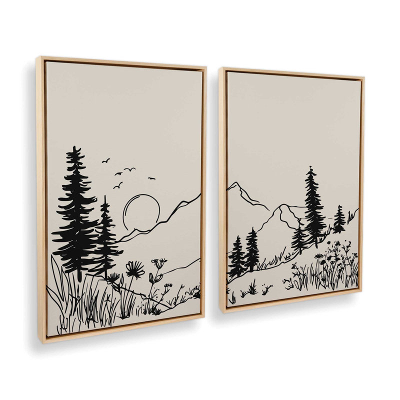 Ensemble de 2 impressions Whispering Peaks, 48 po x 32 po, Cadre flottant en érable américain