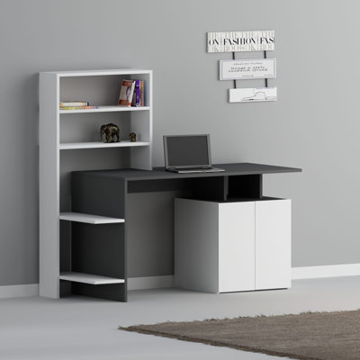 Modern Study Desk & Bookshelf Set, White/Anthracite, 57.5 x 29.0 x 23.6 inches | 100% Melamine Coated Particle Board, 0.71 in Thick | Numerous Shelves, Wall-Mountable | Perfect for Stylish Home Office & Study Spaces