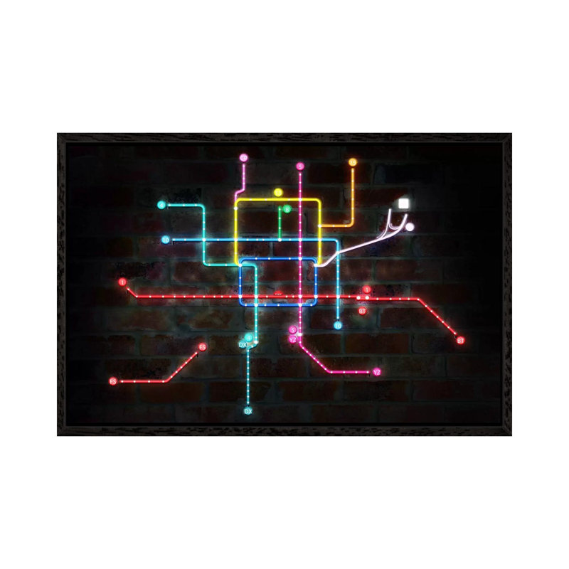 Neon Transit Map - Print on Canvas, 101.6 cm H x 66.04 cm W, Black Framed