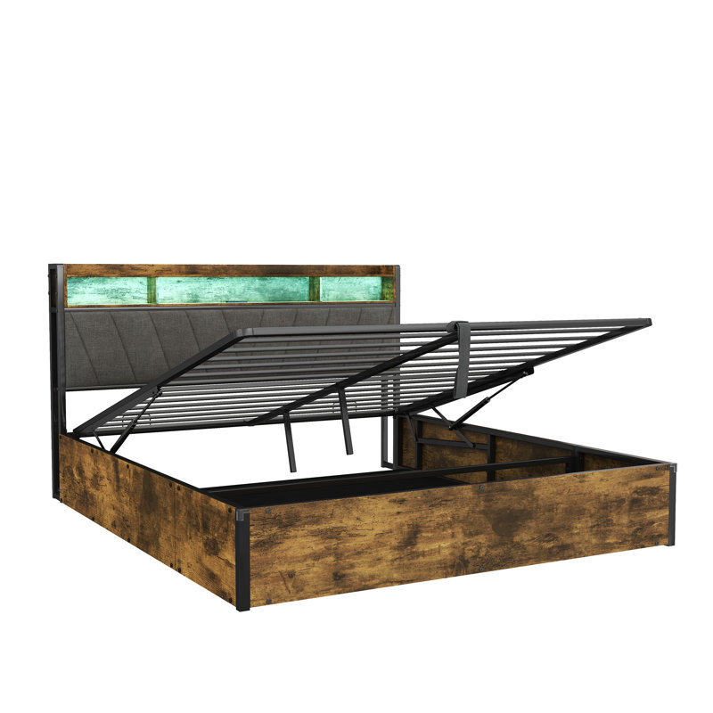 Storage Bed With Led And Usb Industrial Style, 151 x 215 cm