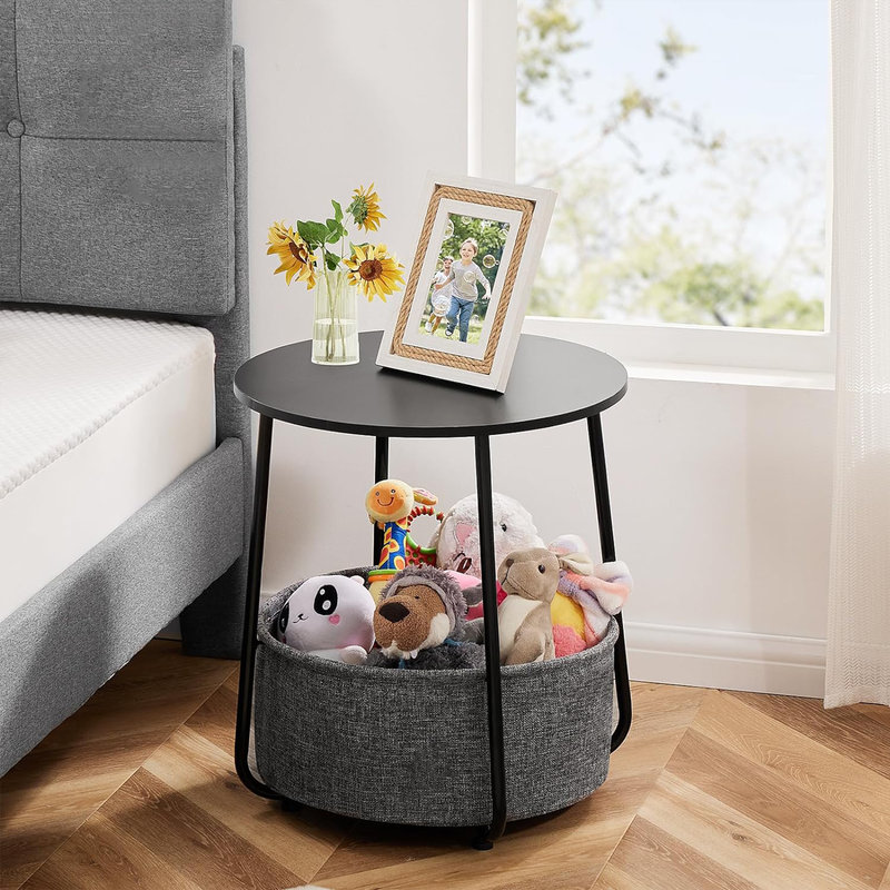 Petite table basse ronde, table de chevet avec panier en tissu, pour le salon de la chambre à coucher, Noir, noir, noir, noir
