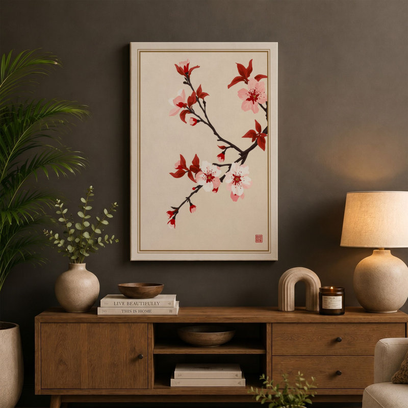 Cherry Blossom Branch Japandi - Wrapped Canvas, 36x24 - 91.4 x 61.0 cm, Cream Border
