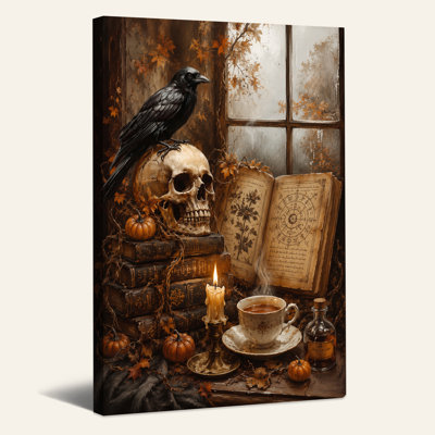 Toile noire sur fond de crâne noir avec livres empilés et art automnal sur toile Halloween