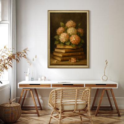 Hydrangeas and Books Still Life Framed Wall Art – Classic Floral Painting with Antique Book Stack, Perfect for Traditional or Cottagecore Interiors