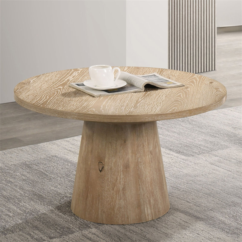 Table basse ronde de style contemporain avec structure en bois d'hévéa et piédestal en forme de cône, Brun