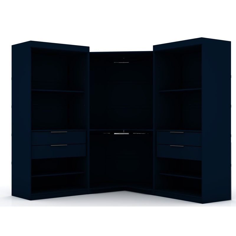 Garde-robe d'angle ouvert Mulberry avec tringles suspendues, tiroirs et tablettes réglables, Bleu minuit Tatiana