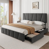 King Size Bed Frame With Adjustable Headboard And 4 Storage Drawers, Soft Upholstered Platform Bed Frames With Wooden Slats Support, No Box Spring Needed, Dark Grey