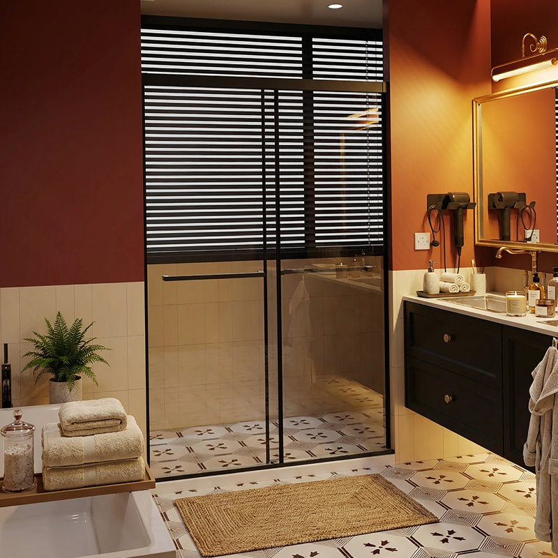 Porte de douche sans cadre 48 po x 72 po, portes coulissantes doubles en aluminium avec rail tampon à fermeture en douceur, installation facile en 30 minutes, conception à l'épreuve des fuites avec seuil en métal allongé