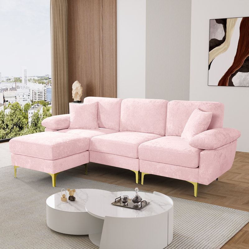 Canapé modulaire en velours de 91 po en L avec coussins de chaise et pieds en métal doré, Polyester rose