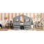 Lit mezzanine gris en pin avec fenêtres, 4 tiroirs de rangement, rails et toit décoratif