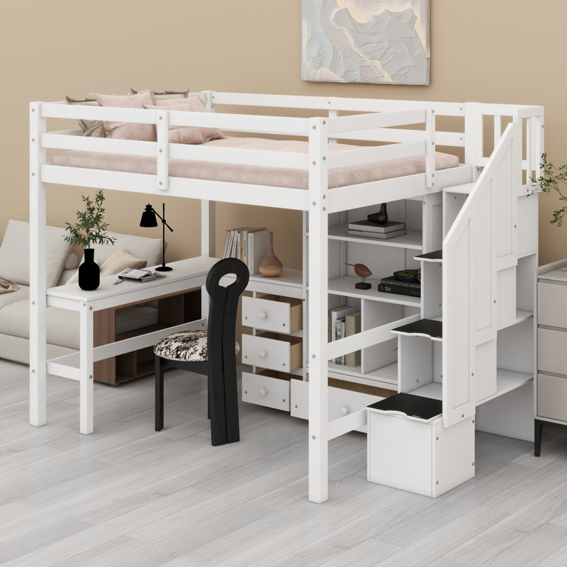 Lit mezzanine avec bureau en L et tiroirs, armoire et escalier de rangement