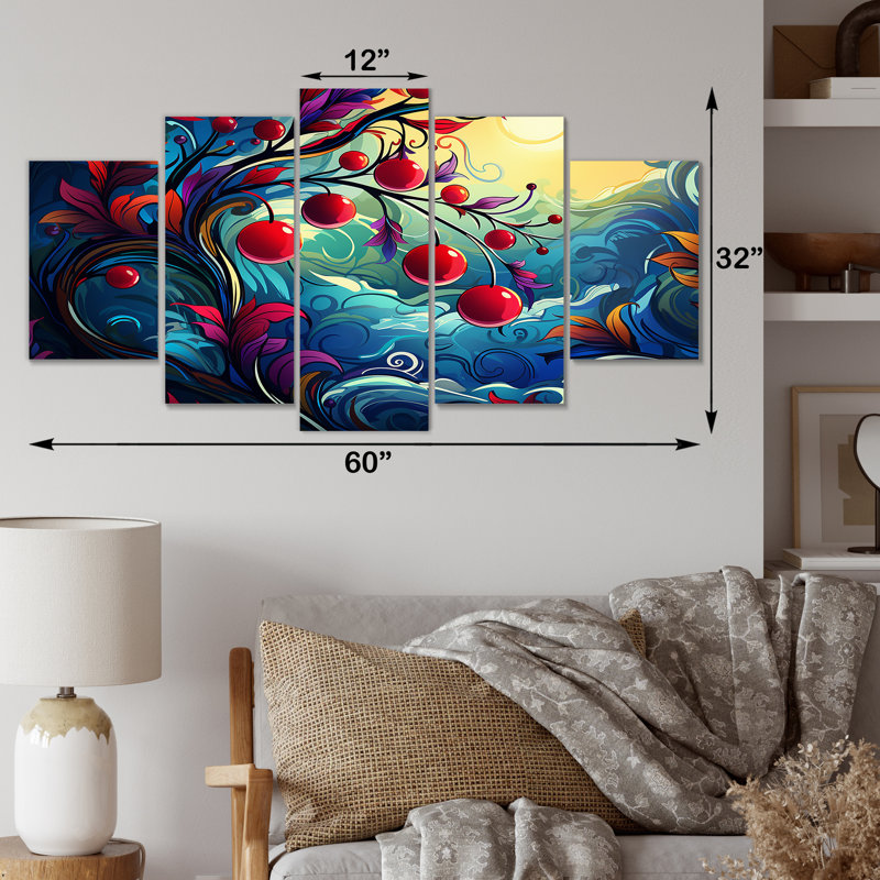 Cerisier rouge et bleu au coucher du soleil - art mural multicolore cerise