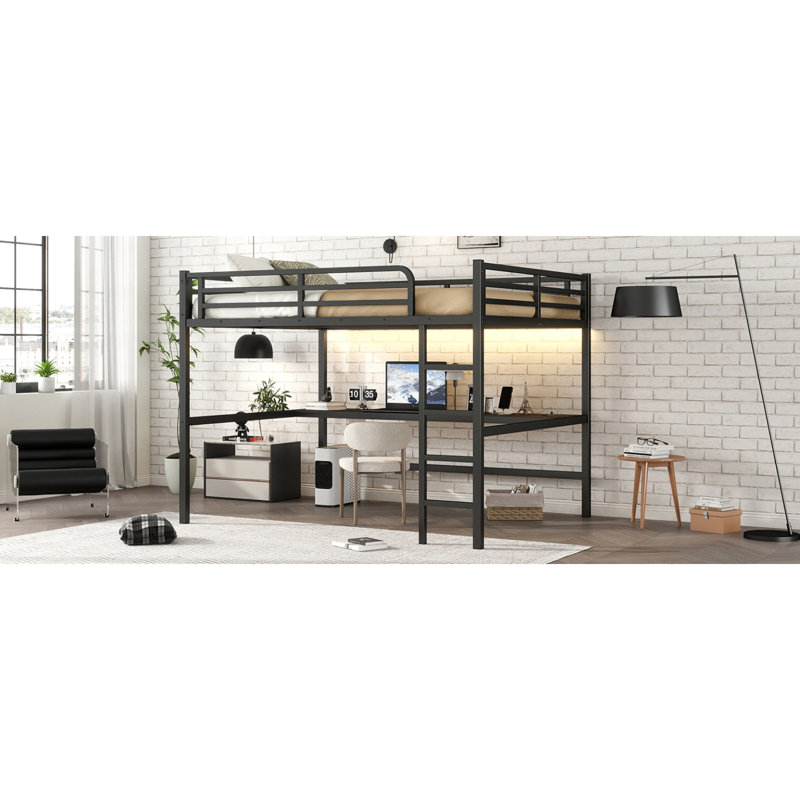 Grand lit mezzanine en métal avec prise de courant et éclairage DEL, peu encombrant, réduit le bruit, noir