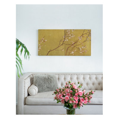Ensemble de 2 panneaux d'art mural cerisier en fleurs dorés, décor carré en bois aggloméré de 23,8 po pour le salon