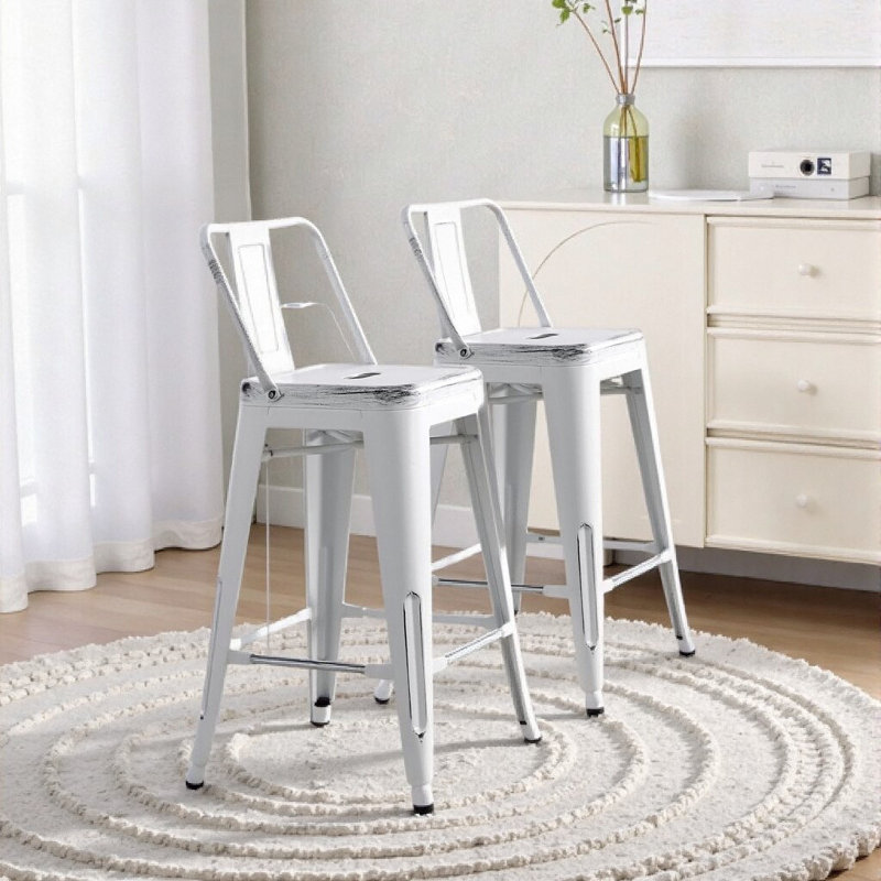 Distressed White Industrial Bar Stool Set - Coastal Vintage Charm, Bar Stool (30” Seat Height), White