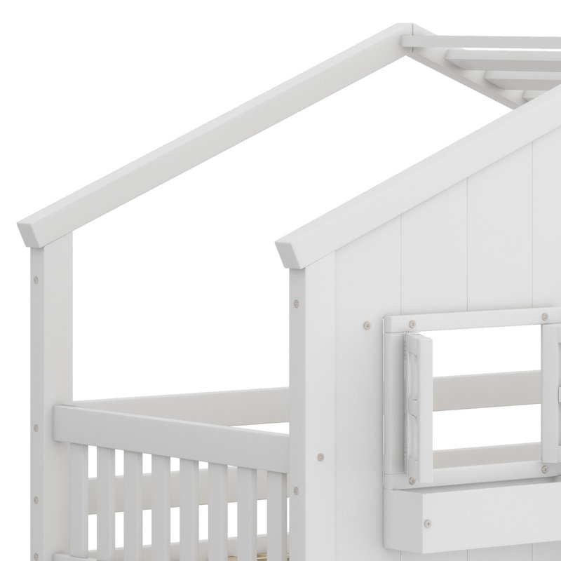 Lit superposé House avec toit, fenêtre, boîte de fenêtre, porte, avec barrières de sécurité et échelle, Blanc
