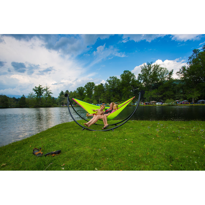Charcoal Steel Outdoor Hammock Stand with Teal and Yellow Hammock