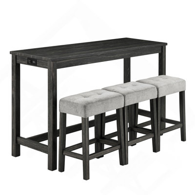 Bar Table Set With Power Outlet, Bar Table And Chairs Set, 4 Piece Dining Table Set, Industrial Breakfast Table Set, For Living Room, Dining Room, Game Room