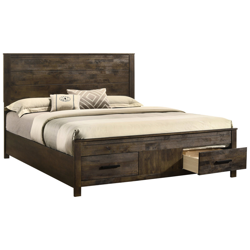 Très grand lit rustique brun doré avec rangement spacieux, fait de bois massif et de placage, panneau de chambre à coucher à deux tiroirs de taille orientale, idéal