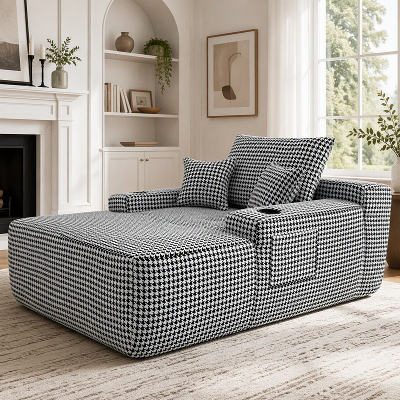 Chaise longue convertible avec porte-gobelet, rembourrage à ressorts et tissu pied-de-poule, sans assemblage, 70 lb