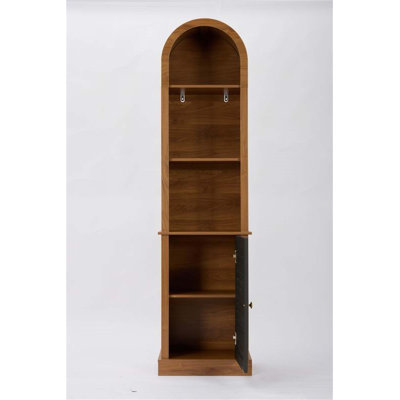Tall Arched Corner Bookshelf with Shutter Door, Narrow Wooden Display Cabinet for Small Spaces and Modern Decor