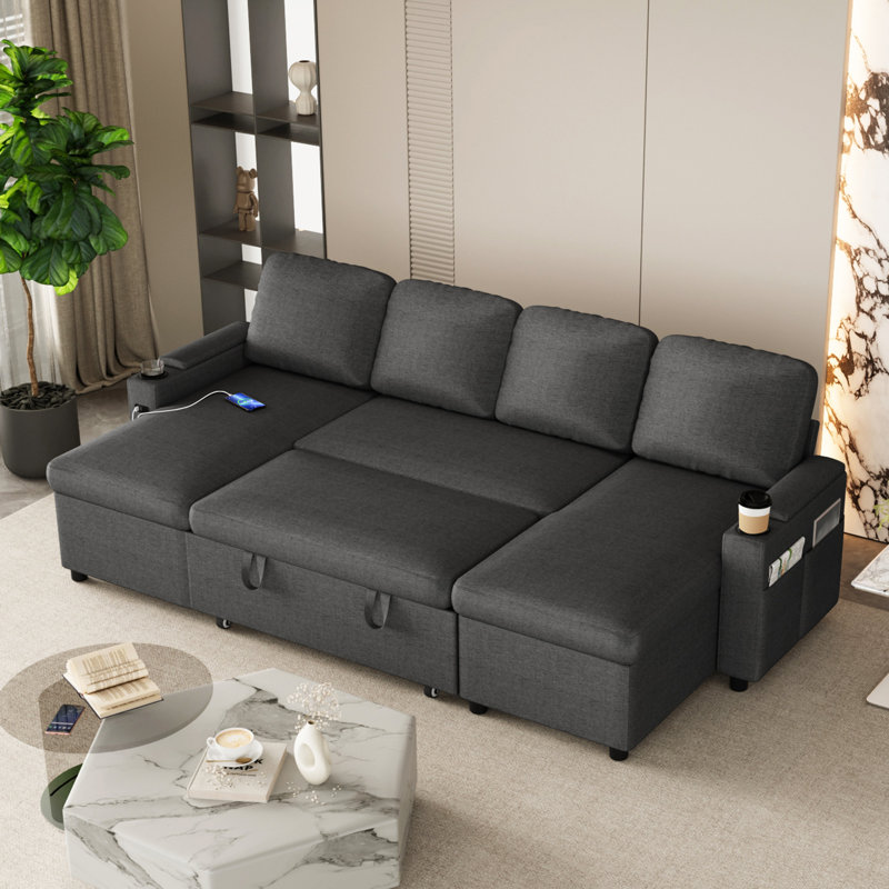 4 Seater Sofa Bed, Grey Fabric