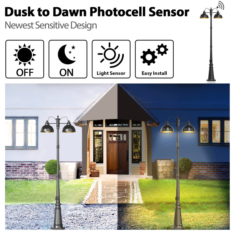 Outdoor Lamp Post Light With Built-In Outlet, Dusk-To-Dawn Sensor, E26 Socket