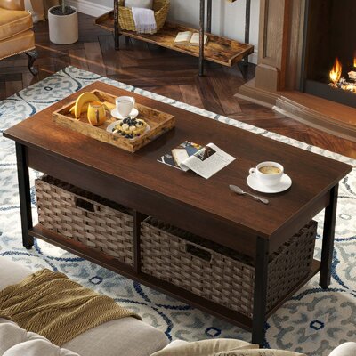 Eoghan 41.7"" Lift Top Coffee Table with Hidden Storage Compartment and 2 Rattan Baskets -  Millwood Pines, DC4394B7555B4063AB9940D74EB3CBCD