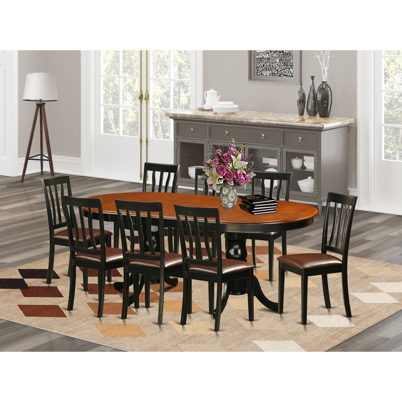 9 Piece Dining Room Table Set Includes an Oval Kitchen Table with Butterfly Leaf and 8 Faux Leather Dining Chairs, Black & Cherry
