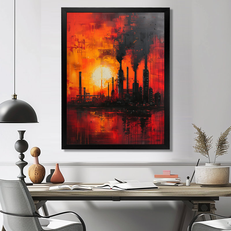 «Red Orange Industrial Industrial Landscape I - Factories», reproduction d'art murale, H 20 po x l 12 po x P 1 po