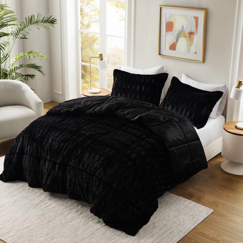 3 pièces d'édredon en fausse fourrure unie double / grand uni en noir, fourrure brossée élégante, 2 taies décoratives avec bride - pouce, rembourrage, cousu bout à bout pour un remplissage uniforme noir, fabrication