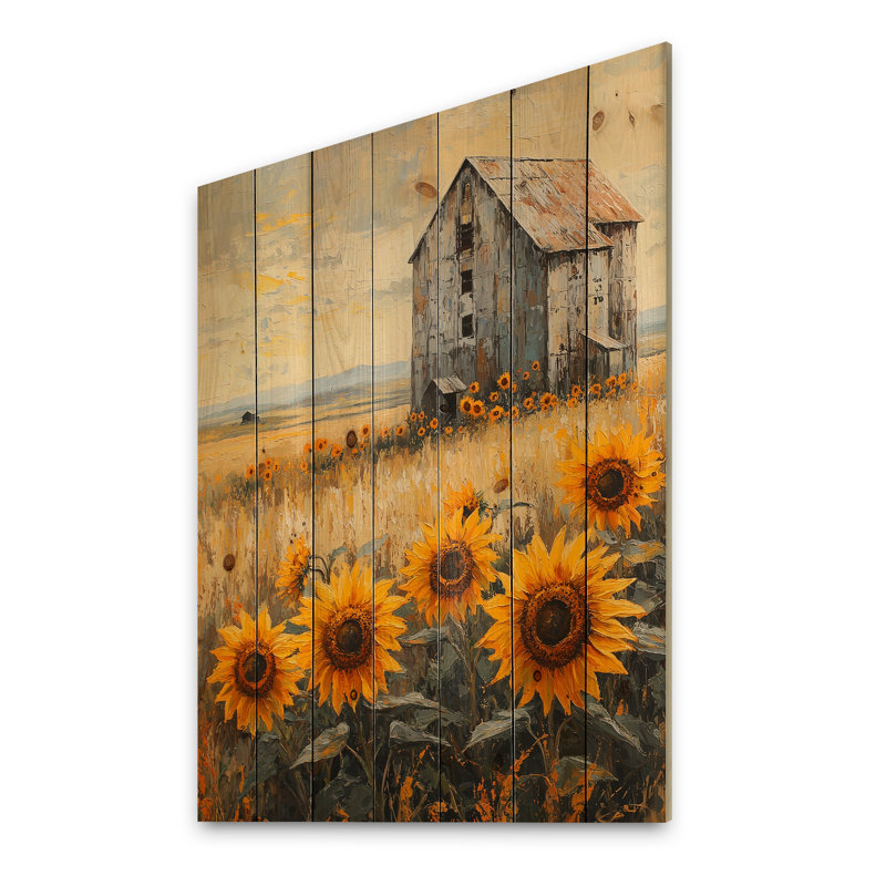 Sunflowers By The Grain Elevator - Impression de tournesols sur bois de pin naturel, H 44 po x l 34 po x P 0,78 po