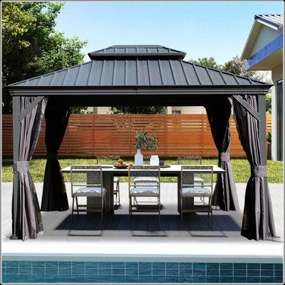 10x13FT Hardtop Gazebo with Galvanized Steel Double Roof, Drainage System, and Privacy Curtains for Patio Deck Backyard
