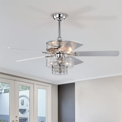 Dual Crystal Lamp Shade Crystal Ceiling Fan With Lights (No Include Bulb) Fandelier Chandelier Reversible Blades 3 Wind Speeds Remote Control For Bedroom Living Dining Room Chrome 52 Inch
