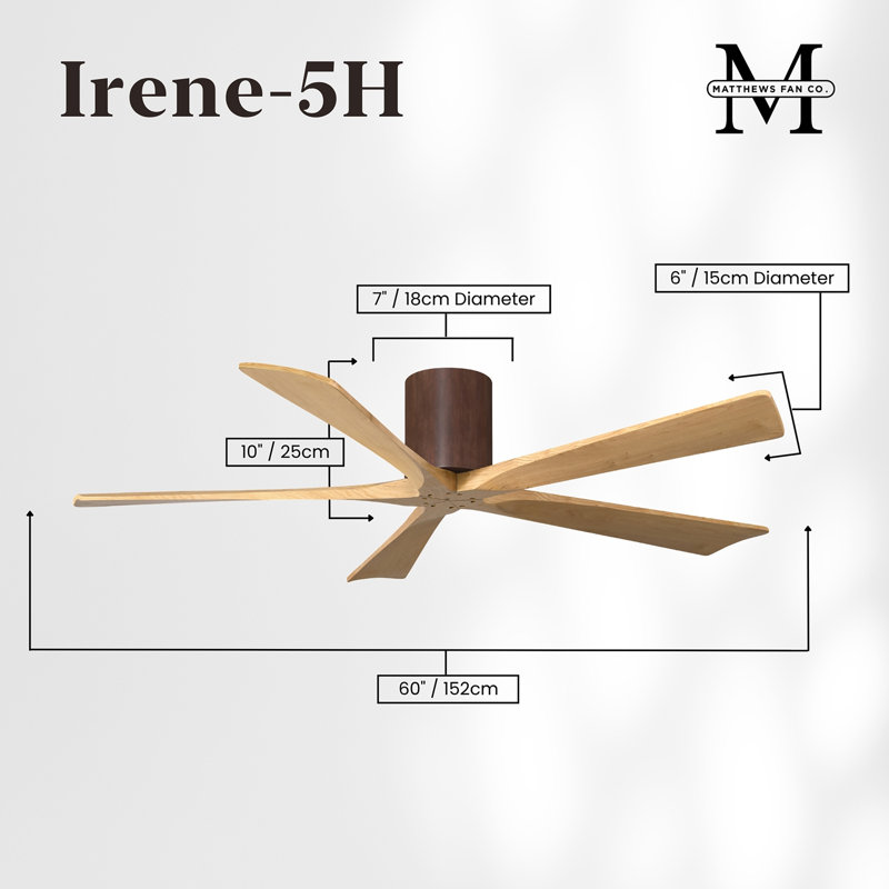 60" Irene 5-Blade Hugger Ceiling Fan with Wall Remote, 60", Brushed Nickel, Light Maple Tone