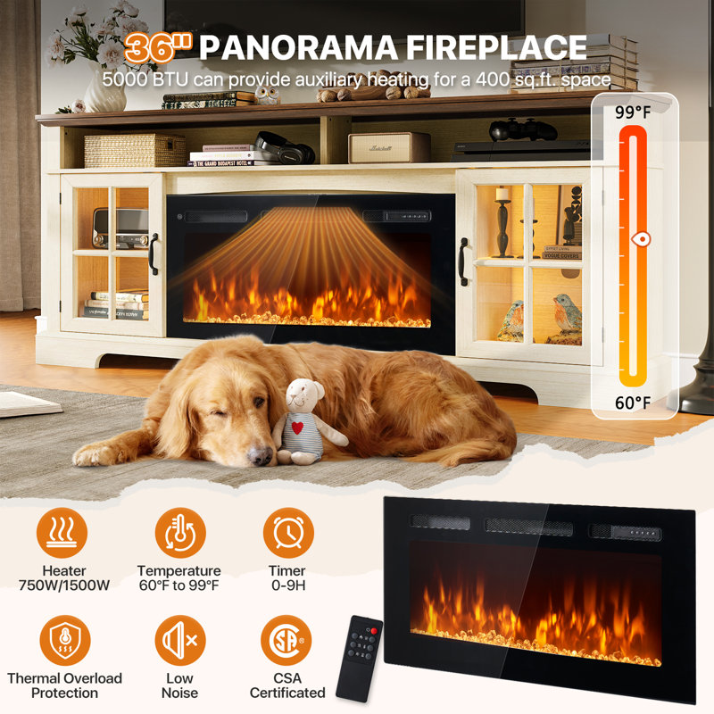 TV Stand Fireplace, 85.1 cm H x 177.8 cm W x 36.1 cm D, White