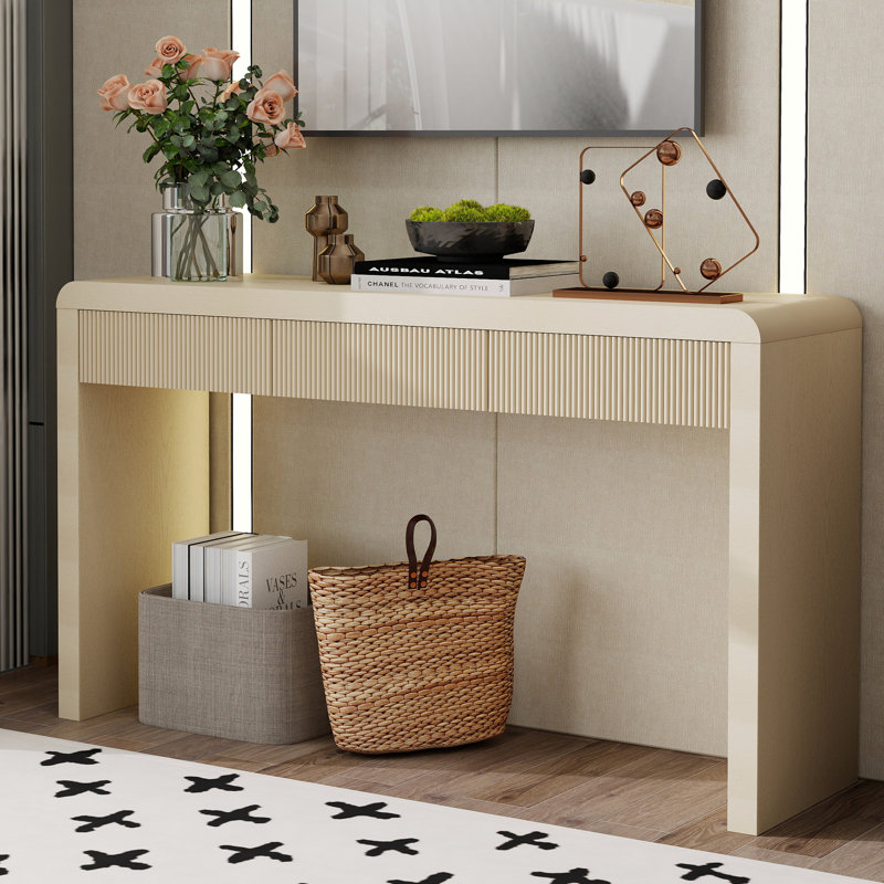 Console 55 po avec 3 tiroirs cannelés rustiques pour le salon et le couloir, Abricot